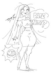 Rule 34 | 1boy, 1girl, curvy, dress, heart, heart-shaped eyes, high heels, jack skellington, long hair, no bra, off-shoulder dress, off shoulder, pumps, sally, sally (nbc), short dress, simple background, standing, stitches, the nightmare before christmas, ushimooshi, very long hair, white background