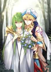 Rule 34 | 2boys, armor, bare shoulders, blonde hair, bracer, commentary request, earrings, enkidu (fate), fate/grand order, fate (series), faulds, fern, flower, forest, gauntlets, gem, gilgamesh, gilgamesh (caster) (fate), gilgamesh (fate), gorget, green hair, head wreath, head wreath removed, headpiece, holding, holding wreath, horns, hug, hug from behind, jewelry, kangetsu (fhalei), light particles, long hair, long sleeves, male focus, multiple boys, nature, outdoors, red eyes, robe, single gauntlet, smile, standing, tree, turban, white robe, wide sleeves, yellow eyes