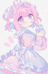 Rule 34 | 1girl, @ @, ahoge, apron, bandaged neck, bandages, blue hair, blush, colored inner hair, detached sleeves, dress, drink, drinking, frilled dress, frills, from side, heart, heart ahoge, highres, holding, holding drink, indie virtual youtuber, kiuinomeronsoda, long sleeves, looking at viewer, looking back, maid headdress, momone chinoi, multicolored hair, pink eyes, pink hair, puffy sleeves, short hair, virtual youtuber, wing hair ornament
