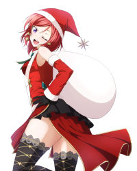 Rule 34 | 10s, 1girl, alternate costume, black gloves, black thighhighs, christmas, commentary request, detached sleeves, gloves, hair ornament, hand on own hip, hat, head tilt, highres, looking at viewer, love live!, love live! school idol project, nishikino maki, one eye closed, purple eyes, red hair, sack, santa costume, santa hat, short hair, simple background, smile, solo, star (symbol), star hair ornament, thighhighs, white background, yu-ta