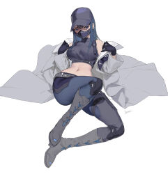 Rule 34 | 1girl, baseball cap, black footwear, black gloves, black hair, blue archive, boots, breasts, coat, crop top, gloves, grey eyes, hat, highres, ki min-woo, large breasts, long sleeves, looking at viewer, lying, mask, mouth mask, navel, off shoulder, pants, saori (blue archive), simple background, solo, white background