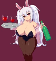 Rule 34 | 1girl, :o, aged up, alcohol, alternate breast size, alternate costume, animal ears, areola slip, azur lane, bare shoulders, bottle, breasts, bright pupils, brown background, brown pantyhose, cleavage, cup, drinking glass, fake animal ears, hairband, head tilt, holding, holding tray, huge breasts, jacket, jacket partially removed, laffey (azur lane), leotard, long hair, nav (itsnav), open clothes, open jacket, pantyhose, pinky out, playboy bunny, rabbit ears, red eyes, shortstack, simple background, solo, thick thighs, thighs, tray, twintails, very long hair, white hair, wide hips, wine, wine bottle, wine glass