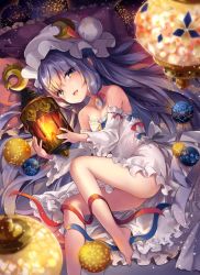 Rule 34 | 1girl, bare legs, bare shoulders, barefoot, blue ribbon, breasts, cleavage, crescent, crescent hair ornament, detached sleeves, dress, hair ornament, hair ribbon, hat, highres, kedama milk, lantern, long hair, looking at viewer, lying, mob cap, on side, patchouli knowledge, pillow, purple eyes, red ribbon, ribbon, small breasts, smile, solo, touhou, very long hair, white dress