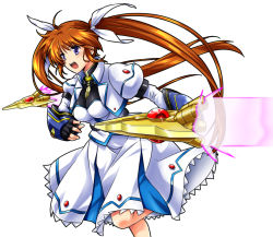 Rule 34 | 1girl, black gloves, blouse, bracer, brown hair, commentary request, cropped jacket, fingerless gloves, gloves, hair ribbon, jacket, juliet sleeves, leg up, long hair, long sleeves, looking to the side, lyrical nanoha, magical girl, mahou shoujo lyrical nanoha strikers, medium skirt, open mouth, puffy sleeves, purple eyes, raising heart, raising heart (blaster bit), ribbon, san-pon, shirt, simple background, skirt, smile, solo, standing, standing on one leg, takamachi nanoha, takamachi nanoha (exceed mode), very long hair, white background, white jacket, white legwear, white shirt, white skirt