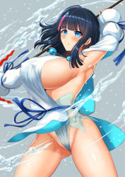 Rule 34 | 1girl, absurdres, arm behind head, arm up, armpits, bare shoulders, black hair, blue eyes, blue ribbon, blush, breasts, collarbone, daien, dress, fate/grand order, fate/requiem, fate (series), fundoshi, highres, japanese clothes, jewelry, large breasts, long sleeves, looking at viewer, magatama, magatama hair ornament, magatama necklace, medium hair, multicolored hair, necklace, open mouth, pelvic curtain, pink hair, polearm, puffy long sleeves, puffy sleeves, ribbon, short dress, sideboob, sideless outfit, solo, spear, streaked hair, thighs, utsumi erice, water, weapon, white dress