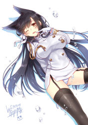 Rule 34 | 1girl, ;), animal ears, atago (azur lane), azur lane, black hair, black thighhighs, breasts, brown eyes, commentary request, dated, finger to mouth, garter straps, gloves, large breasts, long hair, long sleeves, looking at viewer, military, military uniform, mole, mole under eye, one eye closed, open mouth, panties, ryuuga shou, signature, simple background, smile, solo, thighhighs, underwear, uniform, white background, white gloves, white panties