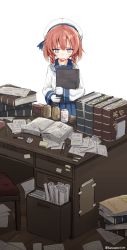 Rule 34 | 10s, 1girl, alcohol, beer, beer can, blue ribbon, blue sailor collar, blue skirt, book, braid, buttons, can, chair, desk, diary, drink can, etorofu (kancolle), gloves, hat, highres, kantai collection, long sleeves, messy room, neckerchief, notebook, office, paper, pen, pleated skirt, purple eyes, red hair, ribbon, sailor collar, sailor hat, school uniform, serafuku, short hair, sidelocks, skirt, soda can, solo, sweatdrop, twin braids, twitter username, usui harusame, white gloves, white hat