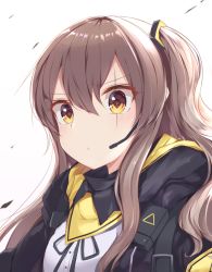 Rule 34 | 1girl, black jacket, brown hair, closed mouth, commentary request, girls&#039; frontline, hair between eyes, hair ornament, headset, jacket, long hair, looking at viewer, meuneyu, microphone, one side up, scar, scar across eye, scar on face, shirt, solo, ump45 (girls&#039; frontline), white shirt, yellow eyes