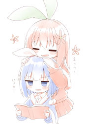 Rule 34 | 2girls, ayanepuna, blue eyes, blue hair, blue sweater, blunt bangs, blush stickers, book, capelet, closed eyes, collared shirt, dress shirt, flower, green ribbon, hair between eyes, hair flower, hair ornament, hair ribbon, hands on another&#039;s head, highres, holding, holding book, long hair, long sleeves, multiple girls, open book, open mouth, original, pleated skirt, red capelet, red flower, red hair, red shirt, red skirt, ribbon, shirt, simple background, skirt, smile, sweater, translation request, v-shaped eyebrows, white background, white ribbon, white shirt