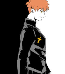 Rule 34 | 1boy, bananachoco, cross, cross necklace, emiya shirou, fate/stay night, fate (series), from side, jewelry, kotomine shirou (fanfic), male focus, monochrome, necklace, orange hair, profile, simple background, smile, solo, spot color, two-tone background, upper body, alternate universe, yellow eyes