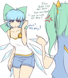 Rule 34 | 2girls, aged up, alternate costume, anger vein, bare shoulders, blue eyes, blue hair, breasts, camisole, circled 9, cirno, cleavage, collarbone, commentary, contemporary, daiyousei, english text, engrish text, flower, green hair, hair ribbon, hater (hatater), ice, ice wings, long hair, looking at another, multiple girls, pointing, pointy ears, puffy short sleeves, puffy sleeves, ranguage, ribbon, short hair, short shorts, short sleeves, shorts, side ponytail, simple background, sunflower, touhou, white background, wings
