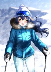 Rule 34 | blue hair, gloves, highres, long hair, long sleeves, looking at viewer, love live!, noochan chonoda, open mouth, outdoors, smile, solo, sonoda umi, winter clothes, yellow eyes