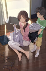 Rule 34 | 1boy, 1girl, absurdres, barefoot, brown eyes, brown hair, clothes, feet, highres, laundry, light blush, long hair, mature female, mother and son, open mouth, soles, toes, yewang19