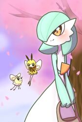 Rule 34 | 1girl, alternate color, bag, black eyes, blue hair, blue skin, blue sky, blush, bob cut, cherry blossoms, closed mouth, colored skin, creatures (company), cutiefly, day, female focus, flat chest, full body, game freak, gardevoir, gen 3 pokemon, gen 7 pokemon, hair over one eye, handbag, happy, holding, holding bag, looking to the side, multicolored skin, nintendo, one eye covered, orange eyes, outdoors, own hands together, petals, pokemon, pokemon (creature), ribombee, shiny pokemon, short hair, sky, smile, solo focus, split mouth, standing, tree, two-tone skin, v arms, white skin, yuri (fl0werspace)
