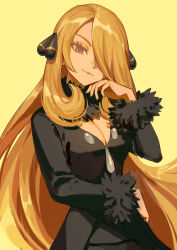 Rule 34 | 1girl, blonde hair, breasts, cleavage, closed mouth, coat, creatures (company), cynthia (pokemon), elemoncake, fur-trimmed coat, fur collar, fur trim, game freak, grey eyes, hair ornament, hair over one eye, head tilt, highres, large breasts, long hair, looking at viewer, medium breasts, nintendo, pokemon, pokemon dppt, simple background, smile, solo, very long hair, yellow background