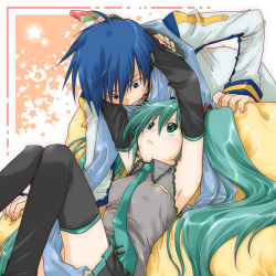 Rule 34 | 1boy, 1girl, :&lt;, aqua eyes, aqua hair, armpits, bad id, bad pixiv id, blue scarf, boots, breasts, detached sleeves, covered erect nipples, food, frown, hatsune miku, hetero, hotaru takana, hug, kaito (vocaloid), long hair, necktie, popsicle, scarf, small breasts, thigh boots, thighhighs, twintails, vocaloid, watermelon bar