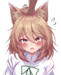Rule 34 | 1girl, 1other, animal ear fluff, animal ears, blonde hair, blush, close-up, commentary, flying sweatdrops, fox ears, fox girl, frown, green ribbon, hair between eyes, headpat, highres, kudamaki tsukasa, looking at viewer, medium hair, motion lines, open mouth, pov, pov hands, ribbon, shy, simple background, siw0n, solo focus, straight-on, sweatdrop, textless version, touhou, tsurime, upturned eyes, white background, white romper