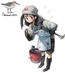 Rule 34 | 1girl, animal, apron, beanie, bird, black eyes, black hair, boots, bucket, dirty, dirty face, female focus, fish, grey hoodie, hat, highres, hood, hoodie, leaning forward, looking at viewer, original, personification, rinotuna, seashell, shell, shorts, side ponytail, simple background, solo, standing, white apron, white background