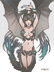 Rule 34 | 1girl, bad id, bad pixiv id, black hair, blue hair, breasts, gradient hair, kaijuu, large breasts, long hair, monster girl, multicolored hair, neon trim, otachi, pacific rim, personification, reammara, revealing clothes, solo, wings