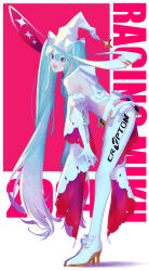 Rule 34 | 1girl, blue eyes, blue hair, bow, character name, crypton future media, elbow gloves, from side, gloves, goodsmile racing, hat, hat bow, hatsune miku, high heels, highres, leaning forward, leotard, logo, looking at viewer, nanako (nanako7ko7ko), pants, pink background, racing miku, racing miku (2024), smile, solo, vocaloid, white bow, white footwear, white gloves, white leotard, white pants, witch hat, yoga pants