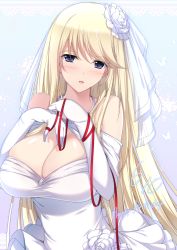 Rule 34 | 1girl, bad id, bad pixiv id, bare shoulders, blonde hair, blue eyes, breasts, bug, butterfly, cleavage, dated, dress, elbow gloves, gloves, happy birthday, highres, huge breasts, bug, jewelry, lace, lovely x cation 2, minamon (vittel221), necklace, solo, wedding dress, white gloves, yoshinoya seine