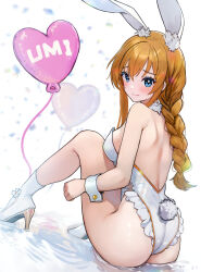 Rule 34 | 1girl, animal ear fluff, animal ears, ankle boots, ass, balloon, blue eyes, blush, boots, braid, braided ponytail, brown hair, c (theta), detached collar, heart balloon, high heels, highres, idolmaster, idolmaster million live!, kousaka umi, leotard, looking at viewer, looking back, playboy bunny, rabbit-shaped pupils, rabbit ears, rabbit tail, shoulder blades, sidelocks, smile, solo, strapless, strapless leotard, symbol-shaped pupils, tail, white leotard, wrist cuffs