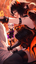 Rule 34 | 1boy, 2girls, :d, absurdres, ahoge, animal ear fluff, animal ears, arm strap, black collar, black hair, black thighhighs, blush, breasts, brown eyes, cat hair ornament, cat tail, collar, demon horns, demon wings, detached sleeves, fang, from side, grey hair, hair ornament, halloween, hasumi (hasubatake39), heart, heart hair ornament, highres, horns, jack-o&#039;-lantern, kuon (hasumi (hasubatake39)), large breasts, long hair, looking at another, multiple girls, open mouth, orange nails, original, red eyes, setsuna (hasumi (hasubatake39)), short twintails, sitting, sitting on lap, sitting on person, smile, tail, thighhighs, twintails, wings
