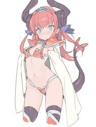 Rule 34 | 10s, 1girl, armor, armored boots, asymmetrical horns, bikini, bikini armor, black thighhighs, blade (galaxist), blue eyes, blue ribbon, boots, cape, choker, cowboy shot, cropped legs, curled horns, earrings, elizabeth bathory (brave) (fate), elizabeth bathory (fate), fate/extra, fate/extra ccc, fate/grand order, fate (series), flat chest, hair ribbon, horns, jewelry, knee boots, long hair, loose bikini, navel, oversized clothes, pauldrons, pink hair, pointy ears, red bikini, red footwear, ribbon, shoulder armor, simple background, sketch, solo, string bikini, swimsuit, tail, thighhighs, tiara, two side up, uneven horns, white background, white cape