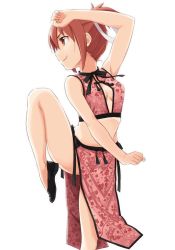 Rule 34 | 1girl, black footwear, breasts, chinese clothes, cleavage cutout, clenched hands, closed mouth, clothing cutout, commentary, fighting stance, flats, floral print, from side, hair ribbon, leg up, medium skirt, pelvic curtain, pink shirt, pink skirt, print shirt, red eyes, red hair, ribbon, shikou sakugo (qqap9gt9k), shirt, short hair, short twintails, simple background, skirt, sleeveless, sleeveless shirt, small breasts, smile, solo, standing, standing on one leg, twintails, white background, white ribbon, yuuki yuuna, yuuki yuuna wa yuusha de aru, yuusha de aru
