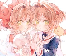 Rule 34 | 2girls, blue shirt, blush, bow, brown hair, cardcaptor sakura, closed mouth, commentary request, eyelashes, green eyes, hair bobbles, hair ornament, highres, kero (cardcaptor sakura), kinomoto sakura, long sleeves, looking at viewer, multiple girls, oharu-chan, one side up, parted lips, sailor collar, shirt, short hair, smile, traditional media, upper body, white background, white bow, white sailor collar