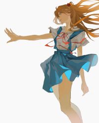 Rule 34 | 1girl, absurdres, arm at side, blue eyes, blue skirt, collarbone, commentary, feet out of frame, floating hair, from side, grey shirt, hairpods, highres, ink18705, long hair, looking ahead, neck ribbon, neon genesis evangelion, open mouth, orange hair, outstretched arm, ribbon, school uniform, shirt, short sleeves, simple background, skirt, solo, souryuu asuka langley, standing, suspender skirt, suspenders, two side up, white background, wind