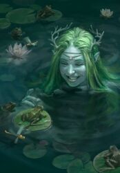 Rule 34 | 1girl, blue skin, bug, colored skin, dragonfly, flower, frog, green hair, grin, gwent (game), highres, insect, lily pad, long hair, lotus, naiad, non-web source, pointy ears, smile, teeth, the witcher (series), water