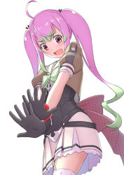Rule 34 | 1girl, ahoge, anchor, back bow, black gloves, bow, corset, cowboy shot, fang, gloves, gradient hair, green bow, green hair, grey sailor collar, grey skirt, highres, kantai collection, long hair, looking down, momo (kancolle), multicolored hair, pink hair, pleated skirt, porupurucha, red bow, red eyes, sailor collar, sailor shirt, school uniform, serafuku, shirt, simple background, skin fang, skirt, solo, sparkle print, striped, thighhighs, twintails, white background, white thighhighs, zipper pull tab
