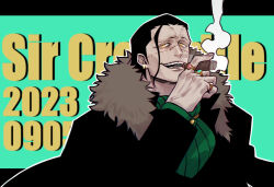 Rule 34 | 1boy, ascot, black hair, cigar, coat, crocodile (one piece), hair slicked back, happy birthday, male focus, mature male, mosasaursun, one piece, scar, scar on face, scar on nose, short hair, smoking, smug, solo, stitches, upper body, wrinkled skin
