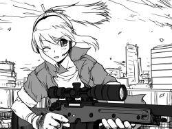 Rule 34 | 1girl, ai arctic warfare, bolt action, city, ear protection, gloves, greyscale, gun, headphones, iris (material sniper), jacket, material sniper, monochrome, one eye closed, ponytail, rifle, sakaki imasato, scope, short hair, sleeves rolled up, sniper rifle, solo, trigger discipline, weapon, wind, wink