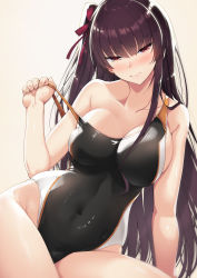 Rule 34 | 1girl, akahito, arm support, beige background, blush, breasts, collarbone, commentary request, competition swimsuit, covered navel, girls&#039; frontline, hair ribbon, half-closed eyes, highres, large breasts, long hair, looking at viewer, one-piece swimsuit, one side up, purple hair, red eyes, ribbon, sidelocks, simple background, sitting, skindentation, solo, sweatdrop, swimsuit, swimsuit tug, thighs, tsurime, very long hair, wa2000 (girls&#039; frontline), yokozuwari