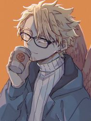 Rule 34 | 1boy, bespectacled, blonde hair, body markings, boku no hero academia, casual, close-up, cup, earrings, facial hair, feathered wings, feathers, from above, glasses, goatee, hawks (boku no hero academia), holding, holding cup, hood, hooded jacket, jacket, jewelry, looking at viewer, male focus, miso (mimimiso), orange background, red feathers, short hair, simple background, solo, stud earrings, sweater, wings, yellow eyes
