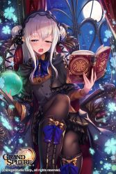 Rule 34 | 1girl, black dress, black footwear, black pantyhose, black ribbon, blue bow, blue bowtie, blue eyes, blush, book, boots, bow, bowtie, capelet, couch, cross-laced footwear, crystal ball, double bun, dress, fang, fukai ryosuke, full moon, grand sphere, green eyes, hair bun, hair ribbon, hairband, half-closed eyes, holding, holding book, lace-up boots, lolita hairband, long hair, long sleeves, looking at viewer, moon, night, night sky, official art, open book, open mouth, pantyhose, pointy ears, ribbon, sidelocks, silver hair, sitting, sky, solo, star (sky), starry sky, tress ribbon, two side up, wide sleeves, yawning