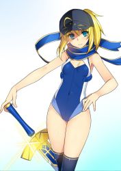 Rule 34 | 1girl, artoria pendragon (fate), blonde hair, blue thighhighs, fate (series), hat, holding, holding sword, holding weapon, leotard, mysterious heroine x (fate), namonashi, one-piece swimsuit, scarf, solo, swimsuit, sword, thighhighs, weapon