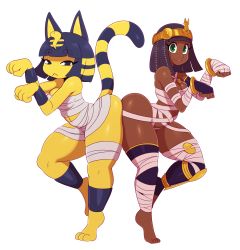 Rule 34 | 2girls, :&lt;, :3, absurdres, alternate costume, animal crossing, animal ears, ankha (animal crossing), ass, ass-to-ass, bandages, barefoot, bracelet, bracer, breasts, capcom, cat ears, cat girl, cat tail, cleavage, colored skin, crossover, curvy, dark-skinned female, dark skin, egyptian, egyptian clothes, eric lowery, female focus, fingerless gloves, furry, furry female, gloves, happy, highres, jewelry, look-alike, looking at viewer, menat, multiple girls, nintendo, paw pose, purple hair, shiny skin, simple background, smile, street fighter, street fighter v, tail, tiara, toes, yellow skin
