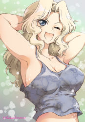 Rule 34 | 1girl, ;d, armpits, arms behind head, arms up, blonde hair, blue eyes, breasts, camisole, casual, cleavage, girls und panzer, hair intakes, kay (girls und panzer), large breasts, long hair, looking at viewer, nakasawa kei, one eye closed, open mouth, smile, solo, twitter username