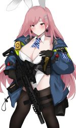 Rule 34 | 1girl, absurdres, alternate costume, ammunition pouch, animal ears, ascot, assault rifle, black gloves, black thighhighs, blue jacket, blush, closed mouth, earrings, fake animal ears, feet out of frame, fte (fifteen 199), girls&#039; frontline, gloves, gun, hair ornament, hairclip, hand on own chest, heart, heart earrings, highres, holding, holding gun, holding weapon, holster, jacket, jewelry, leotard, long hair, looking at viewer, mole, mole under eye, open clothes, open jacket, pink hair, playboy bunny, police, police uniform, policewoman, pouch, rabbit ears, red eyes, rifle, sig mcx (girls&#039; frontline), sig mcx, solo, standing, tactical playboy bunny, thighhighs, uniform, weapon, white background, white leotard