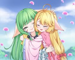 Rule 34 | 2girls, ;), absurdres, ahoge, animal ears, blonde hair, blue sky, blurry, blurry background, blush, chinese clothes, closed eyes, cloud, dress, ears down, facial mark, fang, fox ears, frilled sleeves, frills, green eyes, green hair, hand on another&#039;s head, hand on another&#039;s shoulder, hanfu, headpat, highres, hug, huyao xiao hongniang, kumu zaisheng, layered sleeves, long hair, long sleeves, low-tied long hair, mountain, multiple girls, one eye closed, open mouth, pink dress, siblings, sisters, skin fang, sky, smile, tushan rongrong, tushan susu, upper body, very long hair, wide sleeves