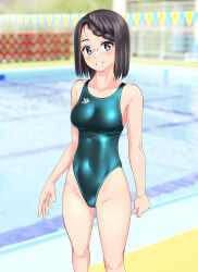 Rule 34 | 1girl, absurdres, black eyes, black hair, blurry, blurry background, braid, braided bangs, breasts, collarbone, commentary request, competition swimsuit, covered navel, feet out of frame, glasses, green one-piece swimsuit, highleg, highleg swimsuit, highres, logo, looking at viewer, medium breasts, one-piece swimsuit, original, parted lips, pool, short hair, smile, solo, string of flags, swimsuit, takafumi