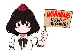 Rule 34 | 1girl, black eyes, black hair, black necktie, blush stickers, buttons, collared shirt, commentary, english commentary, english text, hat, highres, holding, holding sign, looking at viewer, necktie, no mouth, red hat, seireiart, shameimaru aya, shirt, short hair, short sleeves, sign, simple background, solid oval eyes, solo, tokin hat, touhou, twitter username, upper body, white background, white shirt