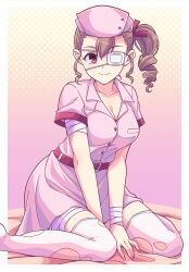 Rule 34 | 1girl, bandaged arm, bandaged leg, bandages, belt, belt buckle, breasts, brown hair, buckle, cleavage, closed mouth, collared dress, dress, e20, eyepatch, hair between eyes, halftone, halftone background, highres, medical eyepatch, medium breasts, original, pink dress, red belt, red eyes, ringlets, short sleeves, side ponytail, sitting, smile, solo, thighhighs, torn clothes, torn thighhighs, wariza, white thighhighs