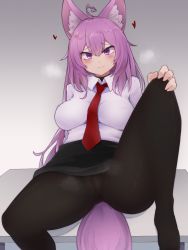Rule 34 | 1girl, ahoge, animal ears, blush, breasts, closed mouth, collared shirt, commission, fox ears, fox girl, fox tail, hand on own knee, heart, heart ahoge, highres, impossible clothes, impossible shirt, large breasts, long hair, looking at viewer, necktie, original, pantyhose, pink eyes, pink hair, shirt, skeb commission, skirt, smile, solo, sweatdrop, tail, white shirt, yonaga san