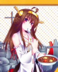 Rule 34 | 10s, 1girl, ahoge, bad id, bad pixiv id, brown hair, curry, detached sleeves, door to heaven, food, hairband, japanese clothes, kantai collection, kongou (kancolle), long hair, machinery, nontraditional miko, purple eyes, solo, spoon, turret, utensil in mouth, wide sleeves