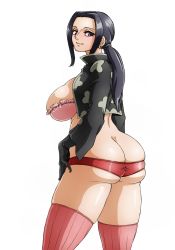 Rule 34 | 1girl, ass, black hair, breasts, brown eyes, highres, large breasts, long hair, looking at viewer, looking back, nico robin, one piece, smile, solo, standing, wrato
