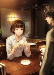 Rule 34 | 10s, 1boy, 1girl, amamiya ren, anbe yoshirou, black hair, blunt bangs, blurry, book, braid, brown eyes, brown hair, cafe, ceiling fan, chair, closed mouth, coffee cup, coffee pot, collarbone, collared shirt, counter, crown braid, cup, depth of field, disposable cup, elbow rest, glasses, hanging light, highres, holding, holding cup, indoors, long sleeves, looking at another, niijima makoto, parted lips, persona, persona 5, plant, poster (object), potted plant, profile, red eyes, saucer, shirt, short hair, sitting, smile, solo focus, steam, table, teeth, twitter username, white shirt, wing collar